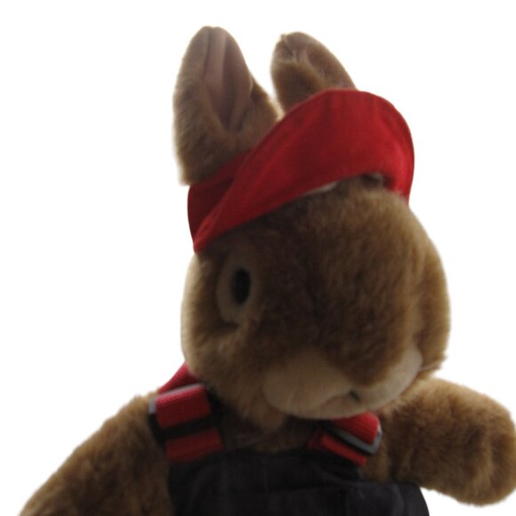Vintage 1986 Manhattan Toy Plush Brown Bunny Rabbit w Overalls & Red Visor - Picture 2 of 7